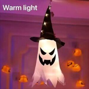 Halloween Hanging Ghost w/Witch Hat,  Lights Up, 17.7" X 7.9"